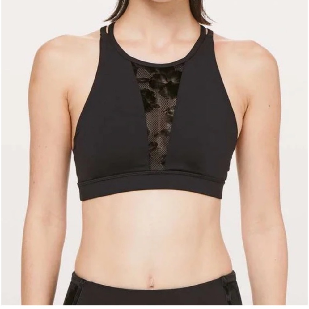 Black High-Neck Sports Bra with Mesh Panel